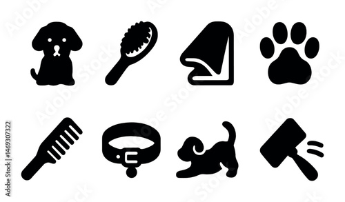 Pet care and grooming silhouette icons set – filled, solid, animal symbols