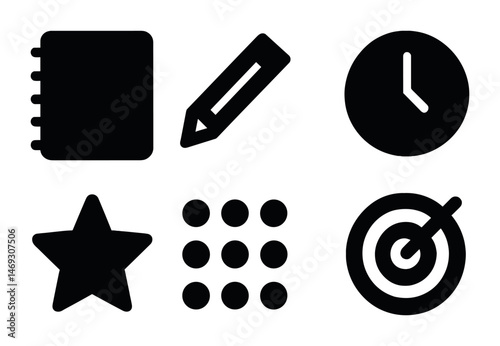 Business and office silhouette icons set – flat, solid, productivity and planning symbols