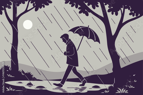 79 rainy day, man walking in rain, holding umbrella, trees and puddles, moody and atmospheric, cinematic lighting, dark color palette, digital art