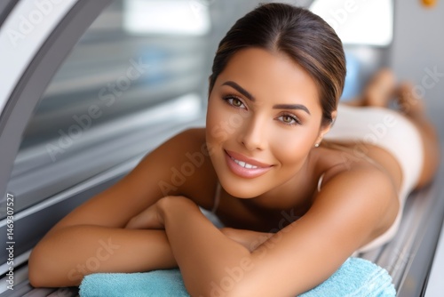 Beautiful woman relaxing during a tanning bed session for perfect skin