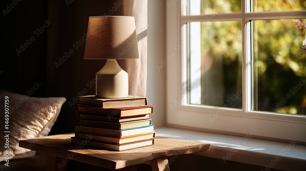 Obraz premium Modern Side Table with Stacked Books and Stylish Lamp by Window