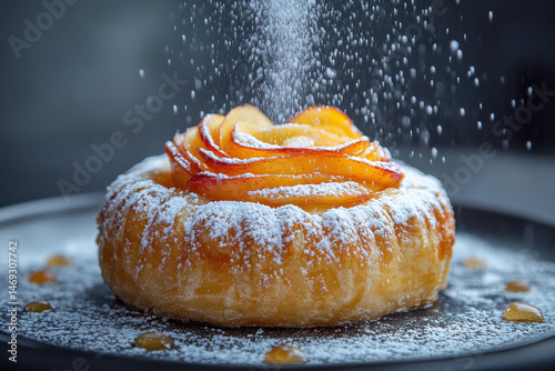 Powdered sugar-topped donut with a sprinkle of sugar.