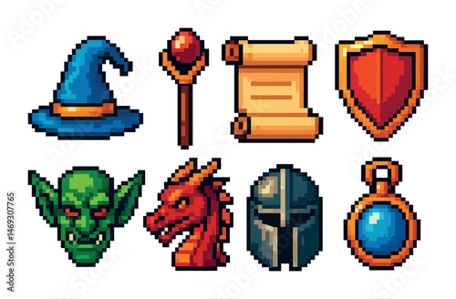 Rpg adventure icons set in pixel art - fantasy, game, quest symbols collection