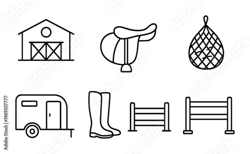 Equestrian and riding outline icons set – silhouette, horse, stable and gear symbols
