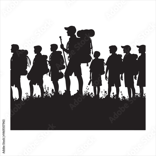 Black silhouette of school kids marching in scout uniforms, clear and dynamic on a white background 