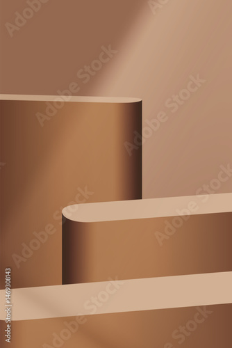 Studio background 3D podium stage pedestal platform with shadow,light overlay on wall brown background.Abstract minimal scene  product display stand showcase,Vector geometric forms for  premium banner