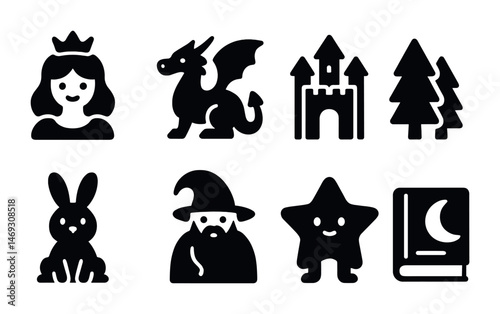 Fantasy and magic solid icons set – silhouette, mythical creatures and enchanted symbols
