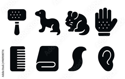 Pet grooming solid icons set – silhouette, filled pet care, animal grooming tools