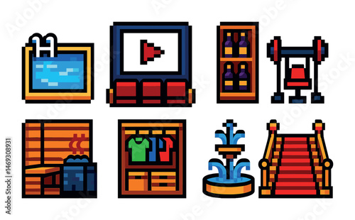 Home entertainment and leisure pixel art icons set – pixel, isometric, relaxation symbols