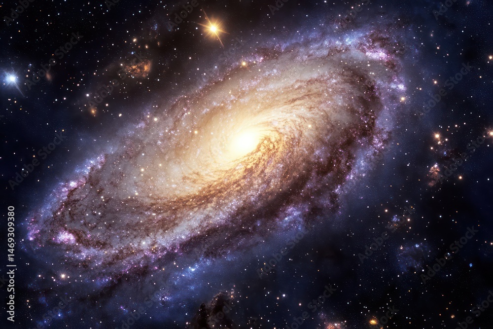 Fototapeta premium Spiral galaxy in deep space. Vast cosmic expanse filled with swirling nebulae and countless stars