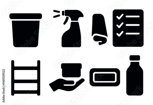 Home cleaning solid icons set – household, chores, and maintenance symbols