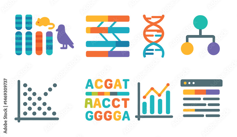 Obraz premium Genomics flat icons set – genetic, dna, data visualization symbols for scientists