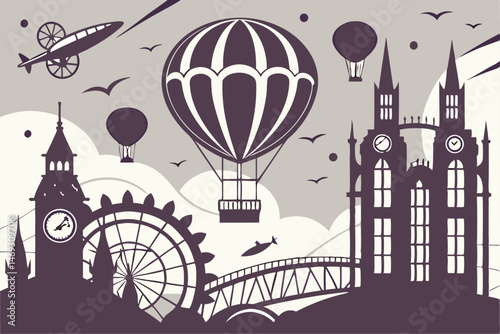 80 whimsical, futuristic cityscape, steampunk inspired, dark and moody atmosphere, fantasy elements, airships, hot air balloons, dreamlike, magical, surreal, detailed, intricate, cinematic