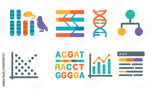 Genomics flat icons set – genetic, dna, data visualization symbols for scientists