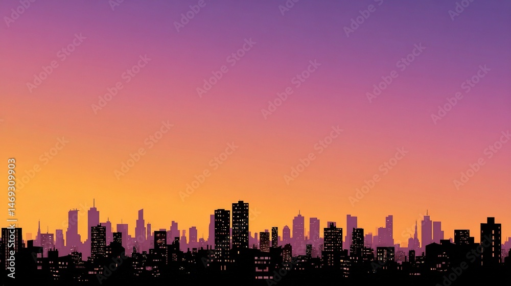 Fototapeta premium Minimalist Vector Skyline of City at Sunset with Black Silhouette
