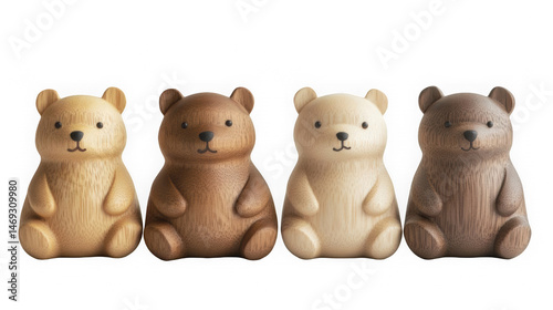A close-up and front view, a collection of four cute wooden sitting bear toys isolated on white background, with nature and soft studio lighting.