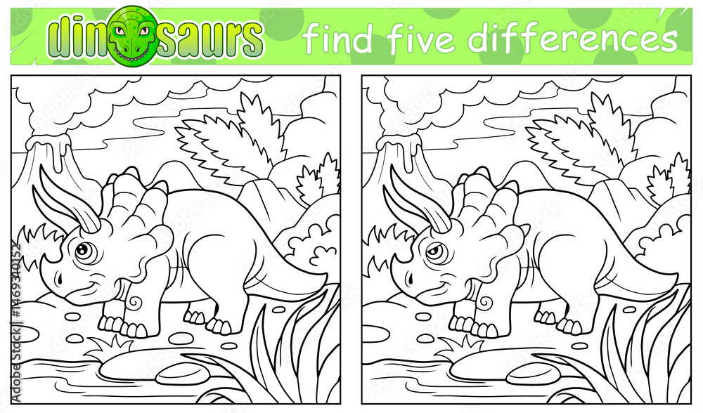 Obraz premium prehistoric funny dinosaur coloring book, find five differences