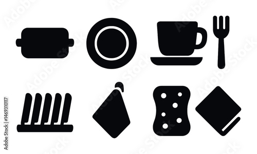 Kitchen utensils silhouette icons set – cookware, flatware essentials