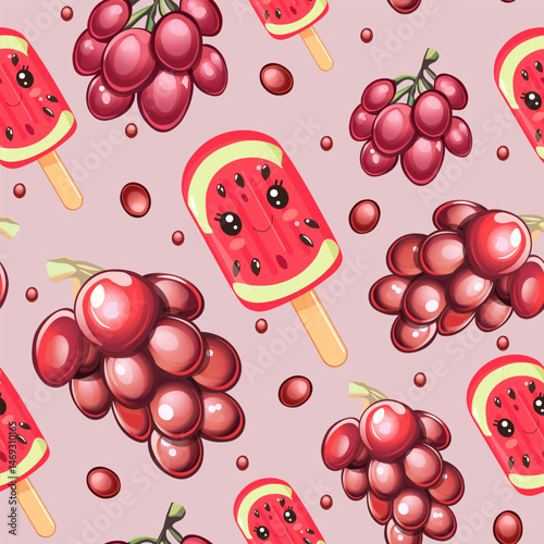 Seamless pattern featuring cute watermelon popsicles with faces, red grape clusters, and scattered fruit elements on a light pink background