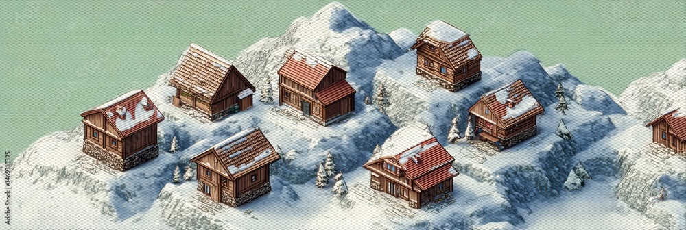 Charming Isometric Mountain Village Featuring Cozy Cabins and Snow-Covered Peaks in a Winter Landscape Generative AI