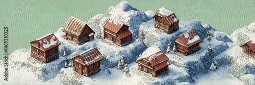 Obraz na płótnie Charming Isometric Mountain Village Featuring Cozy Cabins and Snow-Covered Peaks in a Winter Landscape Generative AI w salonie