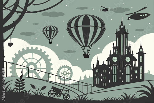 80 whimsical, futuristic cityscape, steampunk inspired, dark and moody atmosphere, fantasy elements, airships, hot air balloons, dreamlike, magical, surreal, detailed, intricate, cinematic