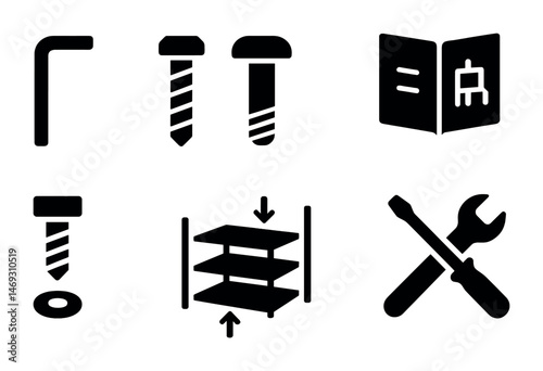 Assembly and tools solid icons set – filled, construction, diy equipment symbols