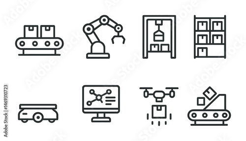 Warehouse and logistics linear icons set – line, outline, supply chain symbols