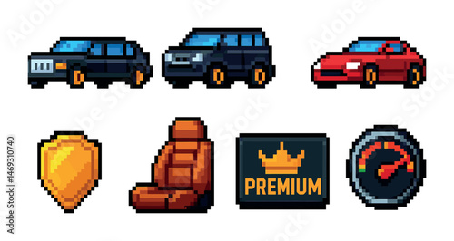 Retro pixel art car icons for game design and ui elements