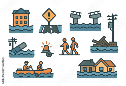 Natural disaster outline icons set for crisis management and emergency response