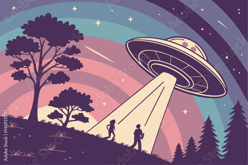 81 a retro science fiction scene with a flying saucer in the night sky, surrounded by silhouettes of figures, shooting stars, and a colorful gradient sky, digital art, highly detailed, cinematic, intr