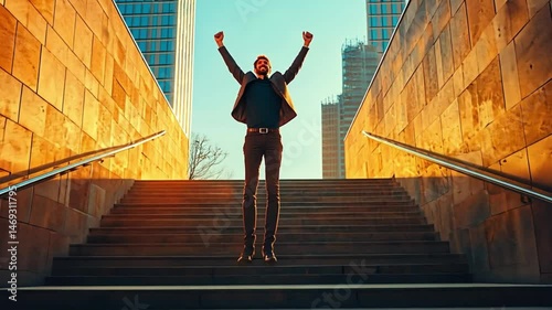 Triumphant Businessman Celebrating Success on City Steps