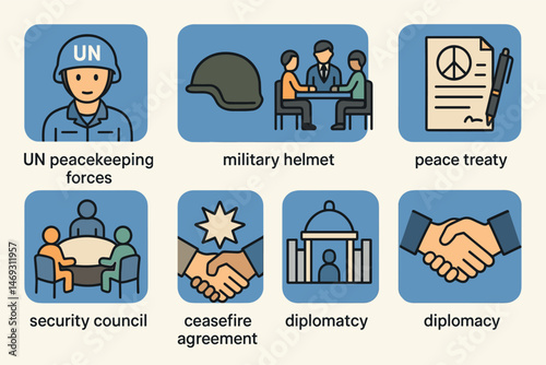 Peacekeeping and diplomacy icons set – flat, filled, negotiation and agreement symbols