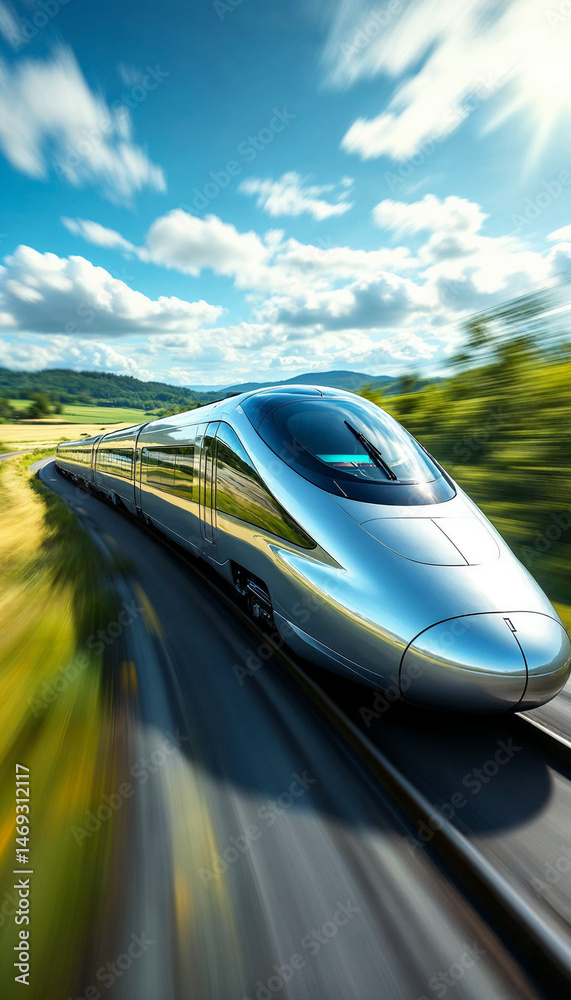 Obraz premium a high-speed train racing through a blurred landscape, emphasizing speed.
