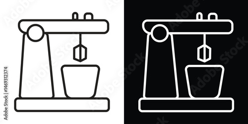Kitchen stand mixer icon vector in black and white. Simple line design of baking appliance used for mixing dough, batter, and ingredients.