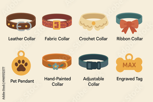 Pet accessories flat icons set – filled, silhouette, collar, pendant symbols
