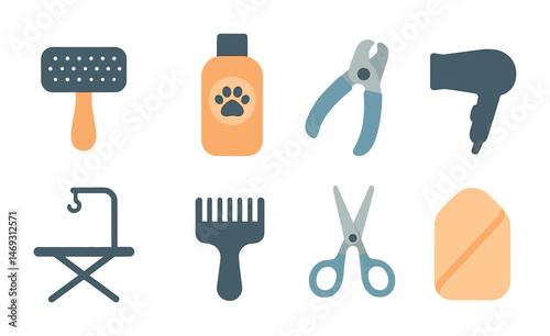 Pet grooming tools solid icons set – flat, filled, animal care and hygiene symbols