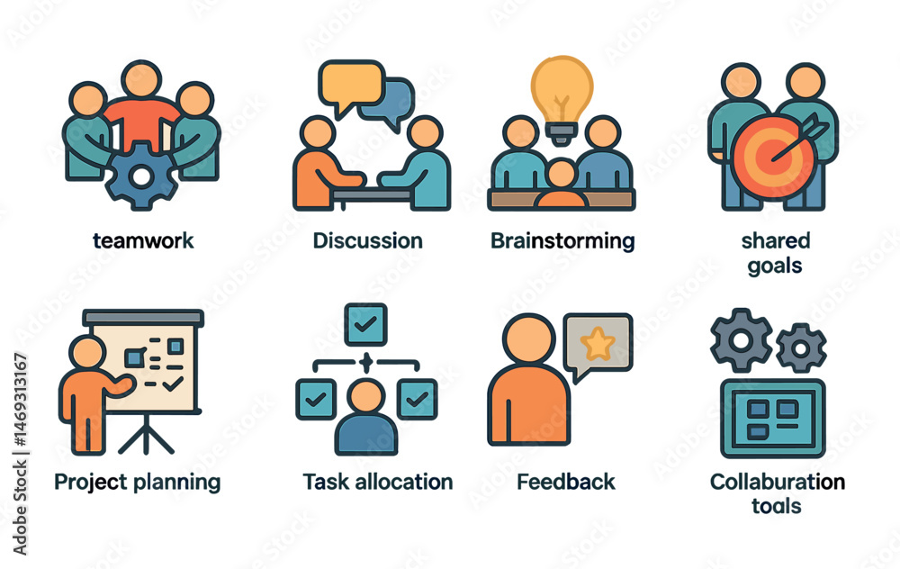 Fototapeta premium Teamwork and collaboration icons set – flat, brainstorming, project planning tools