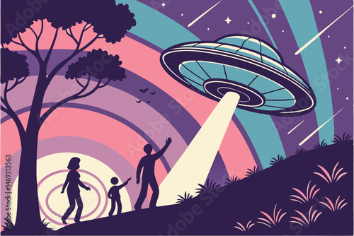81 a retro science fiction scene with a flying saucer in the night sky, surrounded by silhouettes of figures, shooting stars, and a colorful gradient sky, digital art, highly detailed, cinematic, intr
