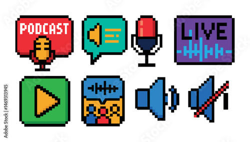 Podcast and audio pixel art icons set – broadcast, sound, voice symbols