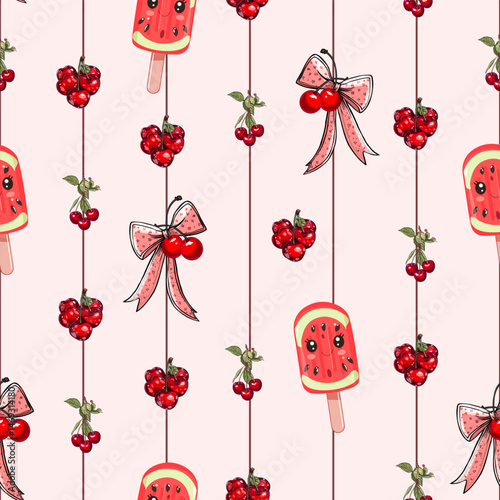 Seamless pattern with red cherries, kawaii watermelon popsicles, and decorative bows arranged along vertical lines on a light pink background
