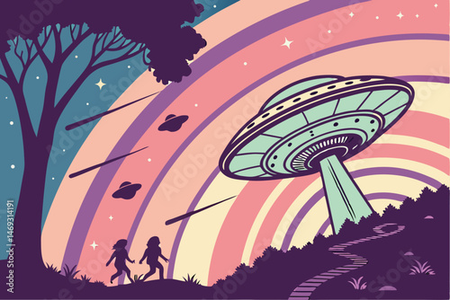 81 a retro science fiction scene with a flying saucer in the night sky, surrounded by silhouettes of figures, shooting stars, and a colorful gradient sky, digital art, highly detailed, cinematic, intr