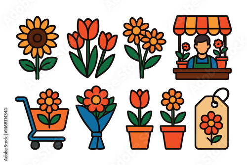 Floral market icons set – outline, gardening, flower shop design elements