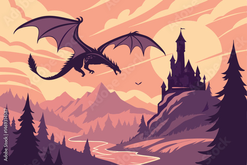 82 black dragon flying over fantasy castle landscape, dramatic scenic sunset sky, digital art, fantasy, hyper detailed, intricate, cinematic, octane render, 8k
