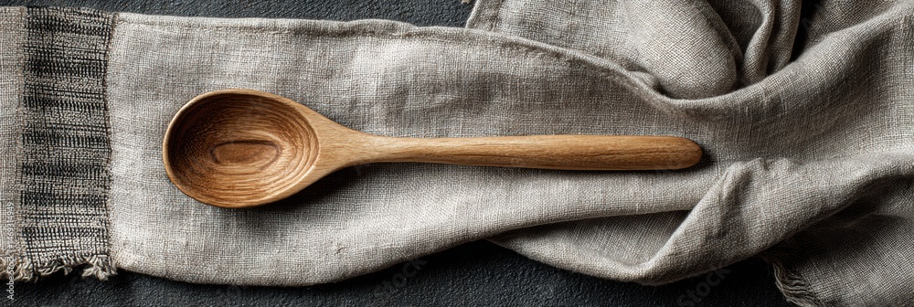 Creative Kitchen Setup Featuring a Wooden Spoon on Textured Linen Towel in a Cozy Cooking Space Generative AI