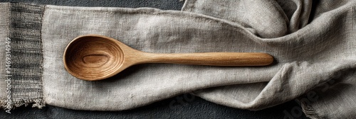 Obraz na płótnie Creative Kitchen Setup Featuring a Wooden Spoon on Textured Linen Towel in a Cozy Cooking Space Generative AI w salonie
