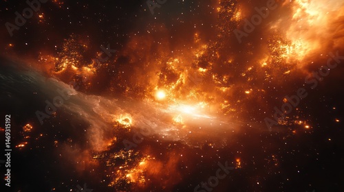 Cosmic fiery nebula in deep space.  Vast expanse of swirling, fiery gases, showcasing stellar birth and destruction