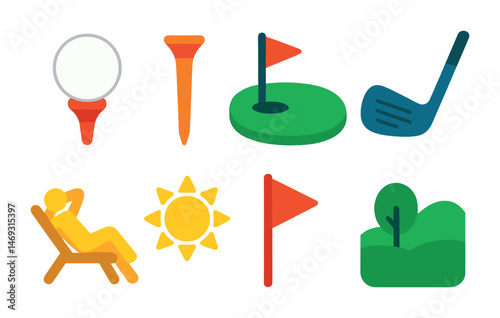 Golf and leisure 3d icons set – colorful, flat, recreation and sport symbols
