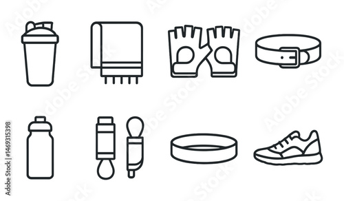 Gym and fitness outline icons set – minimalist, linear, workout and training symbols