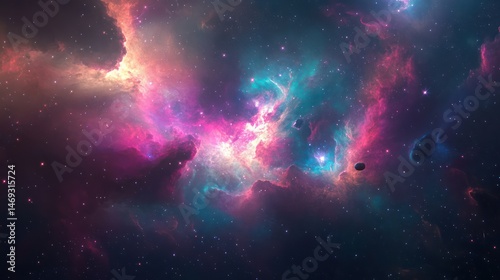 Fototapeta Naklejka Na Ścianę i Meble -  Colorful nebulae swirl through the cosmos, showcasing vibrant hues and celestial bodies.  Deep space filled with glowing clouds of gas and dust